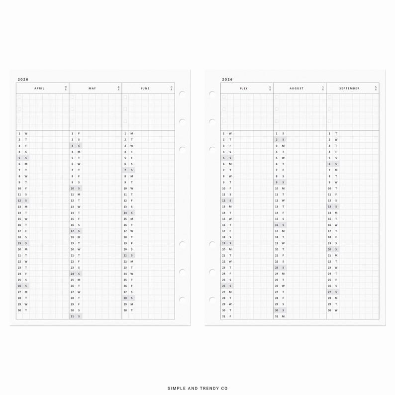 May include: A black and white printable planner for the year 2026. The planner is divided into monthly sections, with each month having a grid layout for daily planning. The months included are April, May, June, July, August, and September. The planner is designed by Simple and Trendy Co.