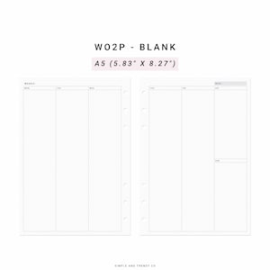 Op de afbeelding: Een blanco A5 plannerinzet met een wekelijkse indeling. De inzet is 14,8 x 21 cm en heeft secties voor elke dag van de week, met de tekst "WO2P - BLANK" bovenaan. De onderkant van de inzet heeft de tekst "SIMPLE AND TRENDY CO".