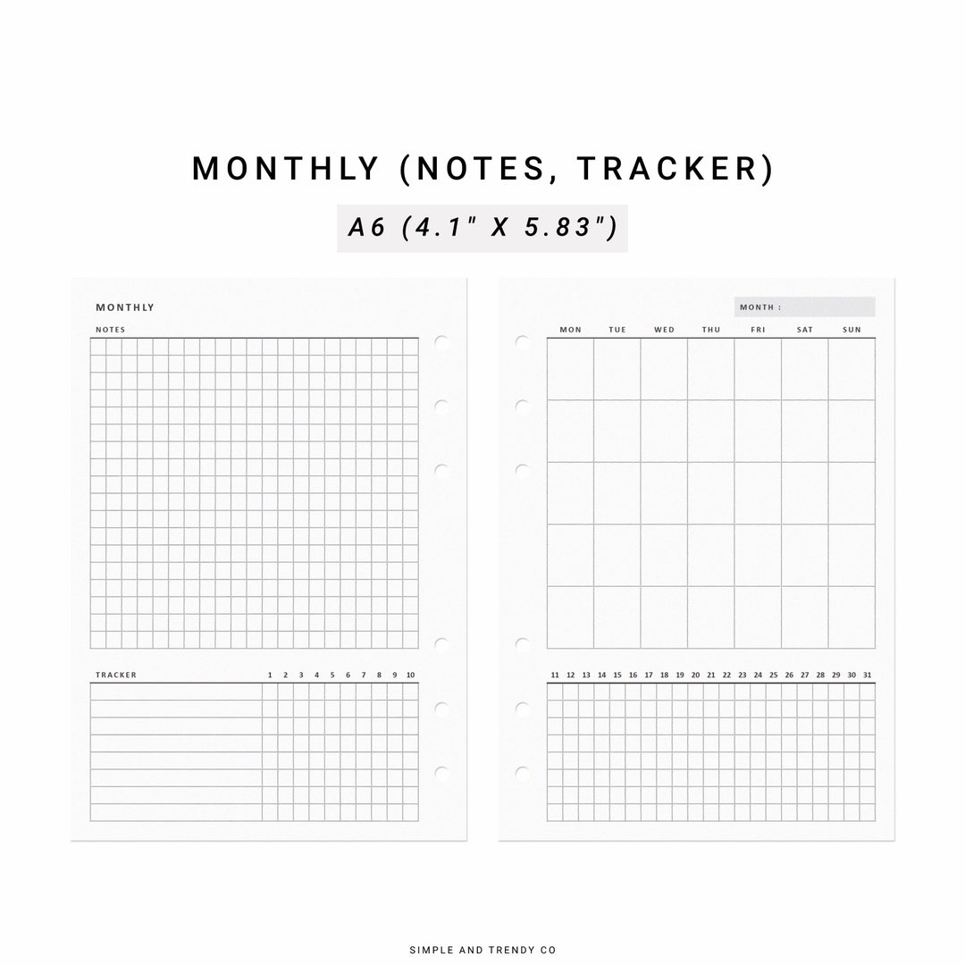 Monthly Planner A6 Inserts, Printable Monthly Tracker Monthly Notes