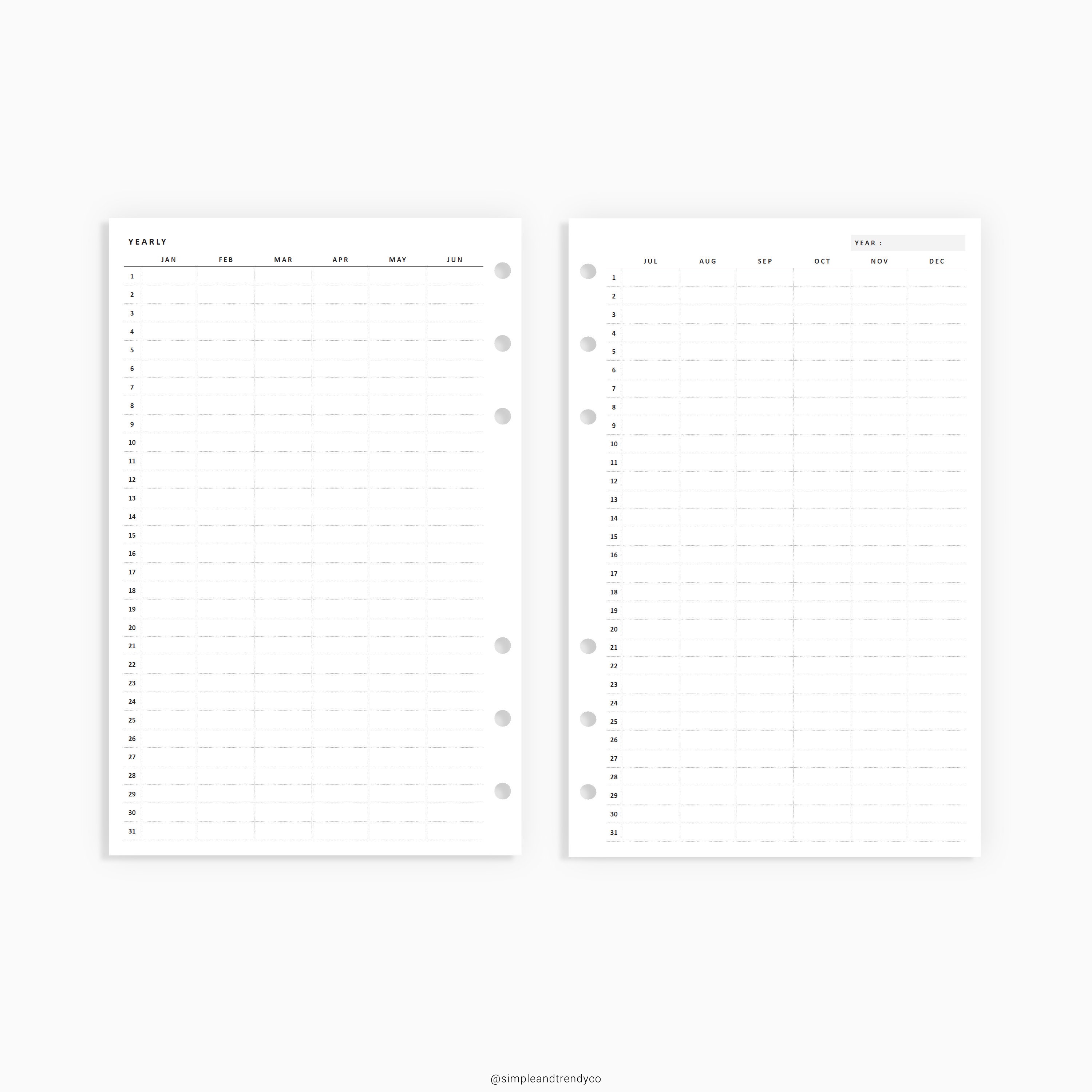 Yearly Vertical Planner 2 Page Half Size Half Letter Inserts | Etsy
