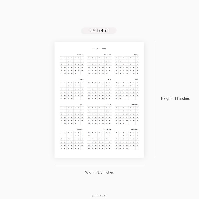 A4 US Letter size Calendar Printable 2020 Calendar Sunday Etsy
