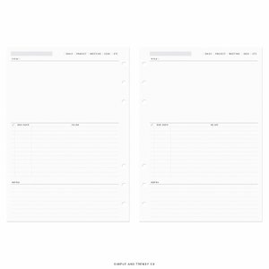 May include: Two white planner pages with six binder holes on the left side. Each page features a header with checkboxes for Daily, Project, Meeting, Idea, and Etc. Sections include Title, Due Date, To Do, and Notes with horizontal lines.