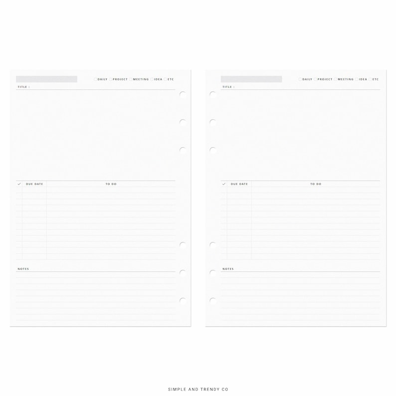 May include: Two white planner pages with six binder holes on the left side. Each page features a header with checkboxes for Daily, Project, Meeting, Idea, and Etc. Sections include Title, Due Date, To Do, and Notes with horizontal lines.