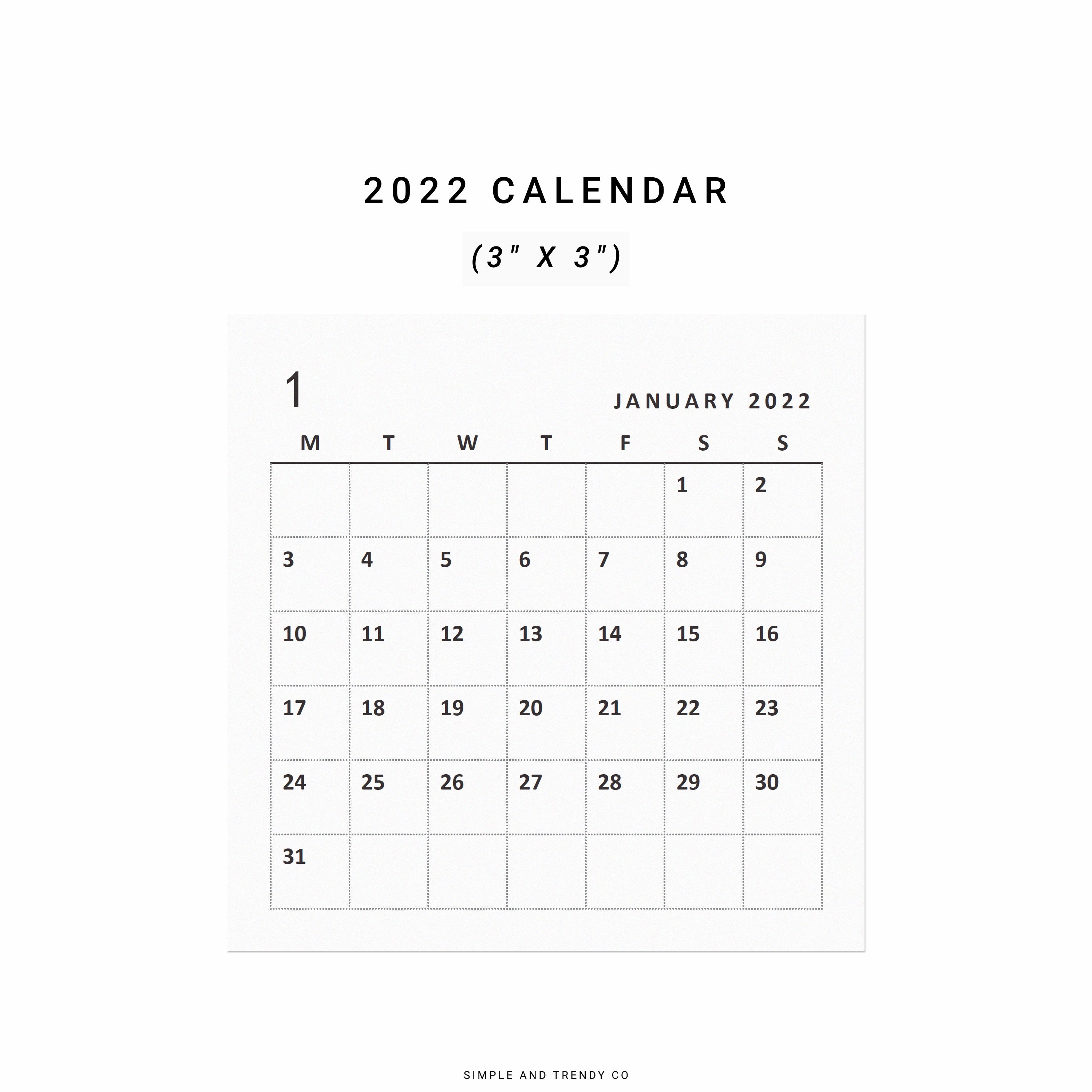 Printable 2022 Calendar Planner Cards 3 X 3 in Monthly - Etsy
