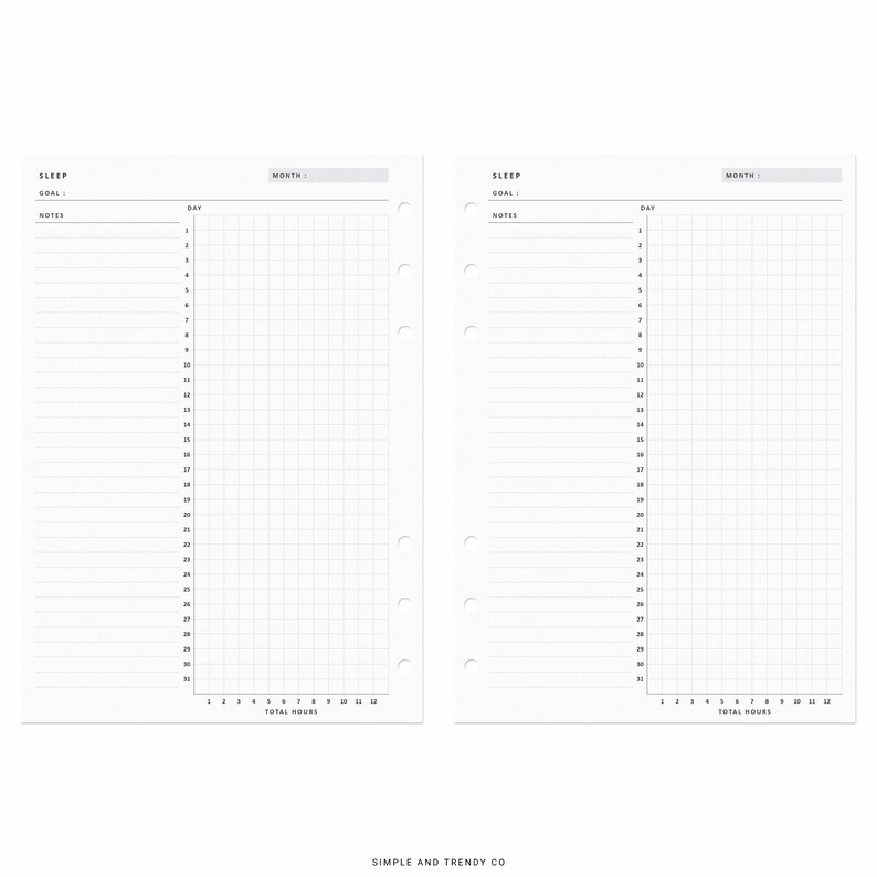 May include: Two white planner pages for sleep tracking, each featuring a header for month and goal, a notes section, and a grid with days 1 through 31 listed vertically. The bottom axis tracks total hours from 1 to 12. Each page has six binder holes.