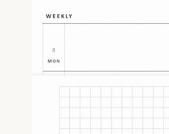 May include: A white weekly planner page featuring a black header with the text WEEKLY. Below, a section labeled with the Japanese character for Monday and the text MON, followed by a large grid area with thin, light gray dotted lines.
