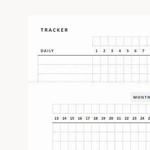 Peut inclure: Une feuille de suivi en papier blanc avec du texte imprimé en noir et des lignes de grille. La section supérieure est marquée TRACKER et DAILY avec les chiffres 1 à 7. La section inférieure affiche MONTH et les chiffres 13 à 24.