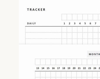 May include: A white paper tracker sheet featuring black printed text and grid lines. The top section is labeled TRACKER and DAILY with numbers 1 through 7. The lower section shows the word MONTH and numbers 13 through 24 above a grid.