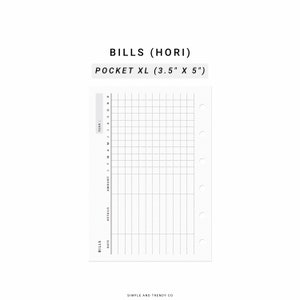 Pode incluir: Um rastreador de contas imprimível em preto e branco com um layout de grade. O rastreador é projetado para um planejador de bolso e mede 3,5 polegadas por 5 polegadas. O rastreador inclui colunas para data, detalhes, valor e um calendário anual.