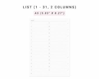 Elenco mensile 2 colonne A5 Inserti di pianificazione, Mese stampabile su 1 pagina Elenco, Elenco 31 giorni, Mese a colpo d'occhio, Panoramica mensile