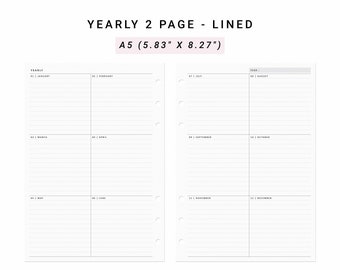 May include: A white A5 planner insert set featuring a yearly 2-page lined layout. The pages measure 5.83 inches by 8.27 inches and include sections for January through December with horizontal lines for writing and six binder holes on the side.