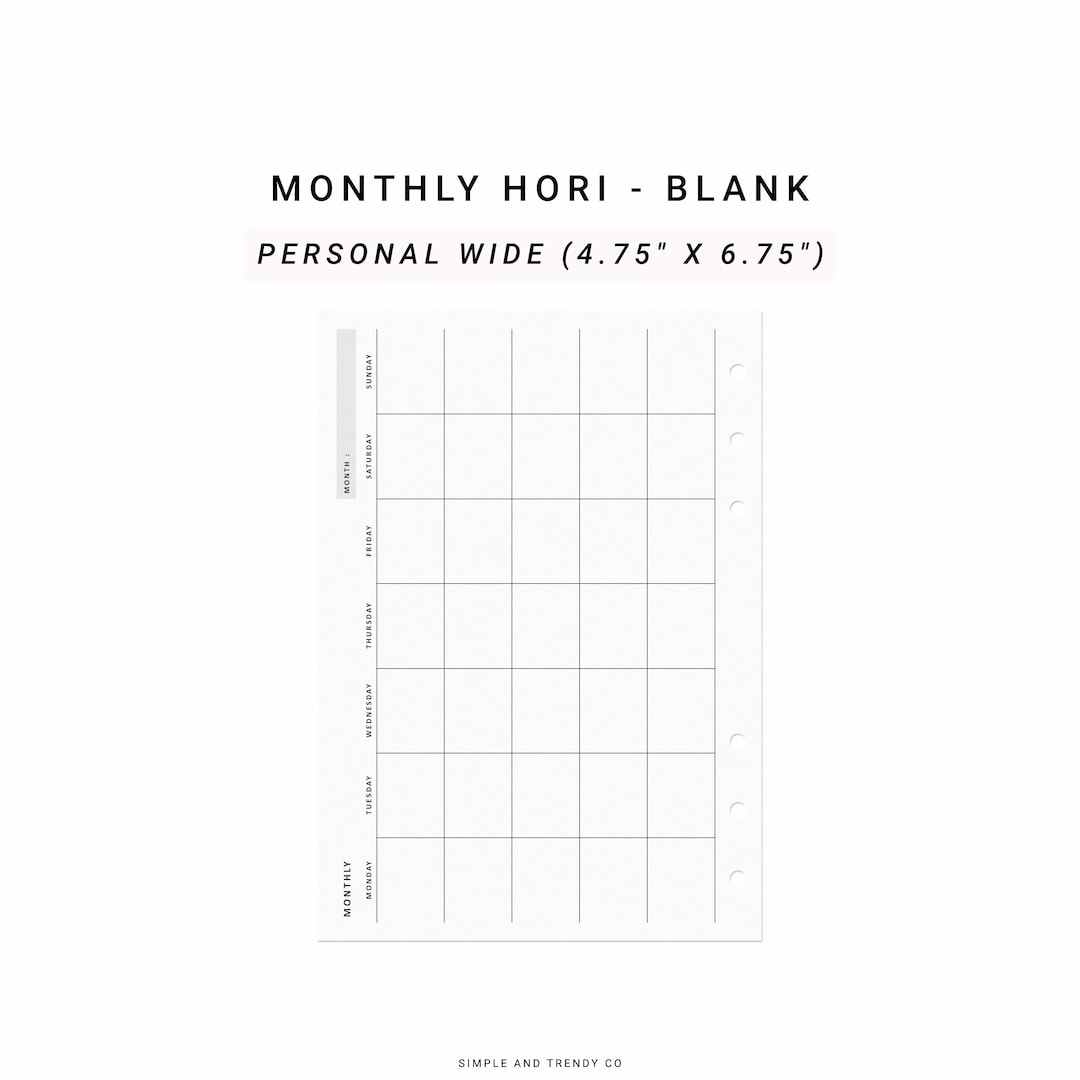 Month on One Page Horizontal Printable MO1P Personal Wide - Etsy