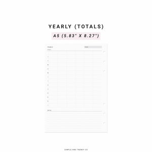 Yearly Totals Tracker A5 Planner Inserts, Finance Tracker, Yearly Expenses Bills Totals, Yearly Income Total Log Sheet