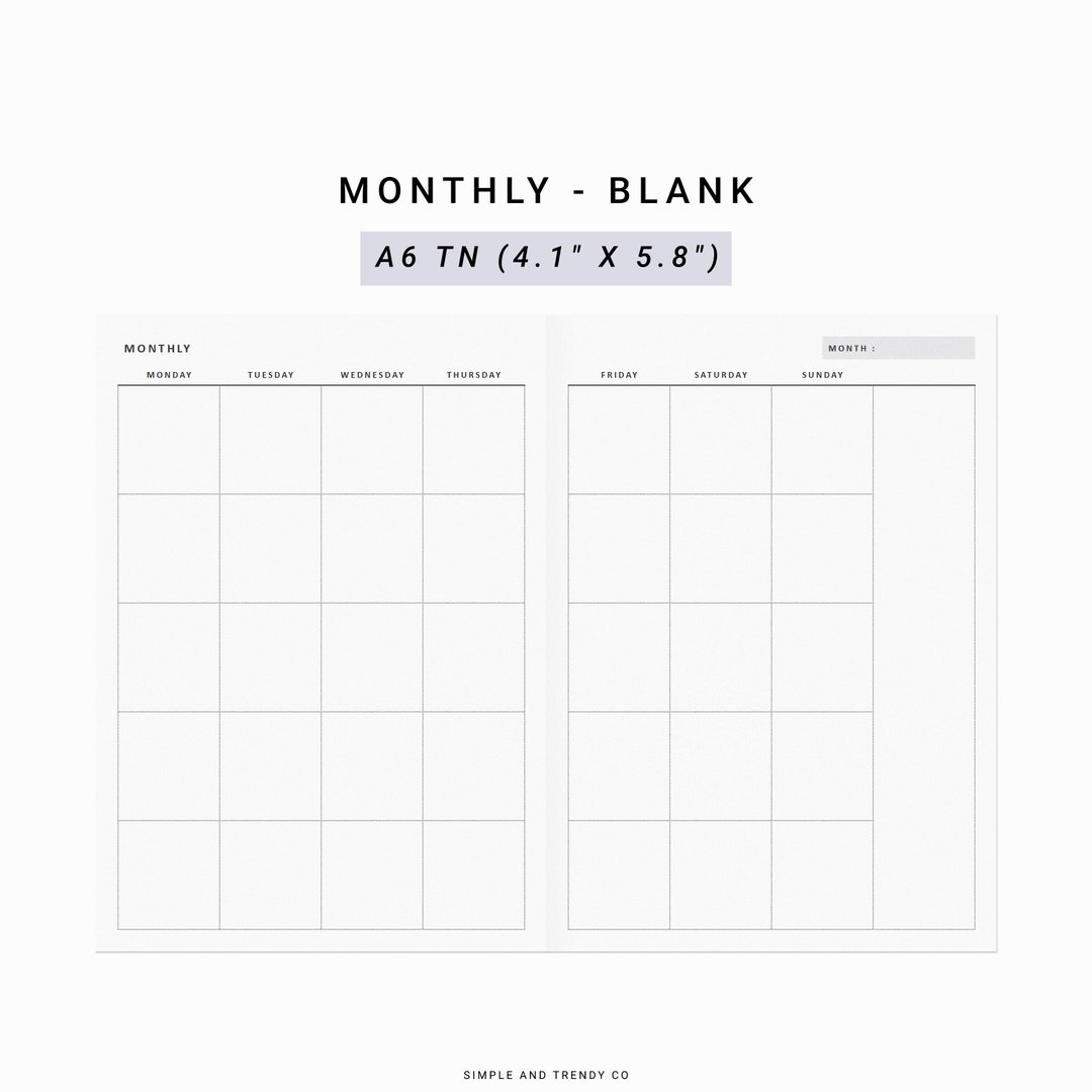 Monthly Planner Printable Minimalist Planner A6 TN, Undated Month on Two Pages Monday Sunday ...