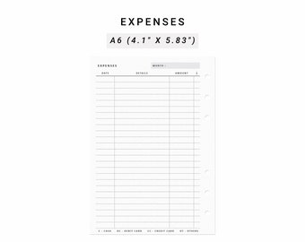 Expense Tracker A6 Inserts, Printable Personal Expenses Organizer, Monthly Expenses Planner, Expense Checklist Expenses Log Tracker