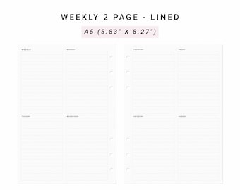 May include: A white A5 planner insert set featuring a weekly two-page layout with lined sections for each day of the week. The text reads WEEKLY 2 PAGE - LINED, A5 (5.83" X 8.27"), and SIMPLE AND TRENDY CO. Each page has six binder ring holes.