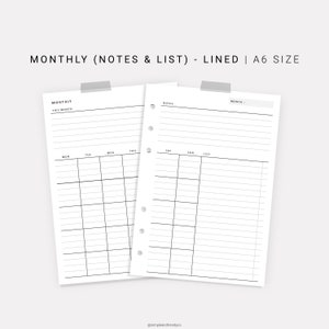 Monthly Planner A6 Inserts Printable Monthly Notes Monthly | Etsy
