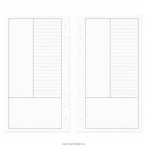 Peut inclure: Deux pages de recharge pour agenda blanches avec six trous perfor&eacute;s sur les bords int&eacute;rieurs. Chaque page pr&eacute;sente un grand rectangle vertical vide &agrave; gauche, une section lign&eacute;e &agrave; droite et un rectangle horizontal vide en bas. Simple and Trendy Co.