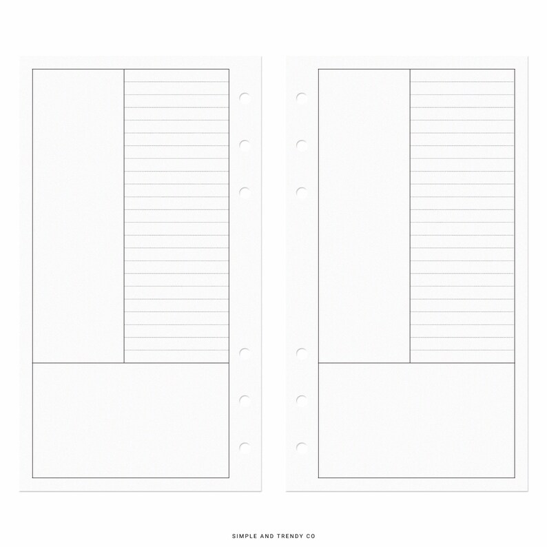 Peut inclure: Deux pages de recharge pour agenda blanches avec six trous perfor&eacute;s sur les bords int&eacute;rieurs. Chaque page pr&eacute;sente un grand rectangle vertical vide &agrave; gauche, une section lign&eacute;e &agrave; droite et un rectangle horizontal vide en bas. Simple and Trendy Co.