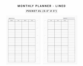 Monthly Planner Printable Minimalist Planner Pocket XL, Undated Month on Two Pages Monday Sunday Start, Month at a glance