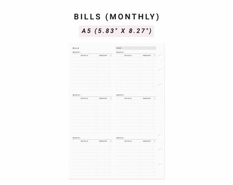 May include: A white A5 planner insert measuring 5.83 inches by 8.27 inches, titled BILLS (MONTHLY). The page features six sections for tracking monthly bills with columns for details and amount, and includes six pre-punched holes on the right side.