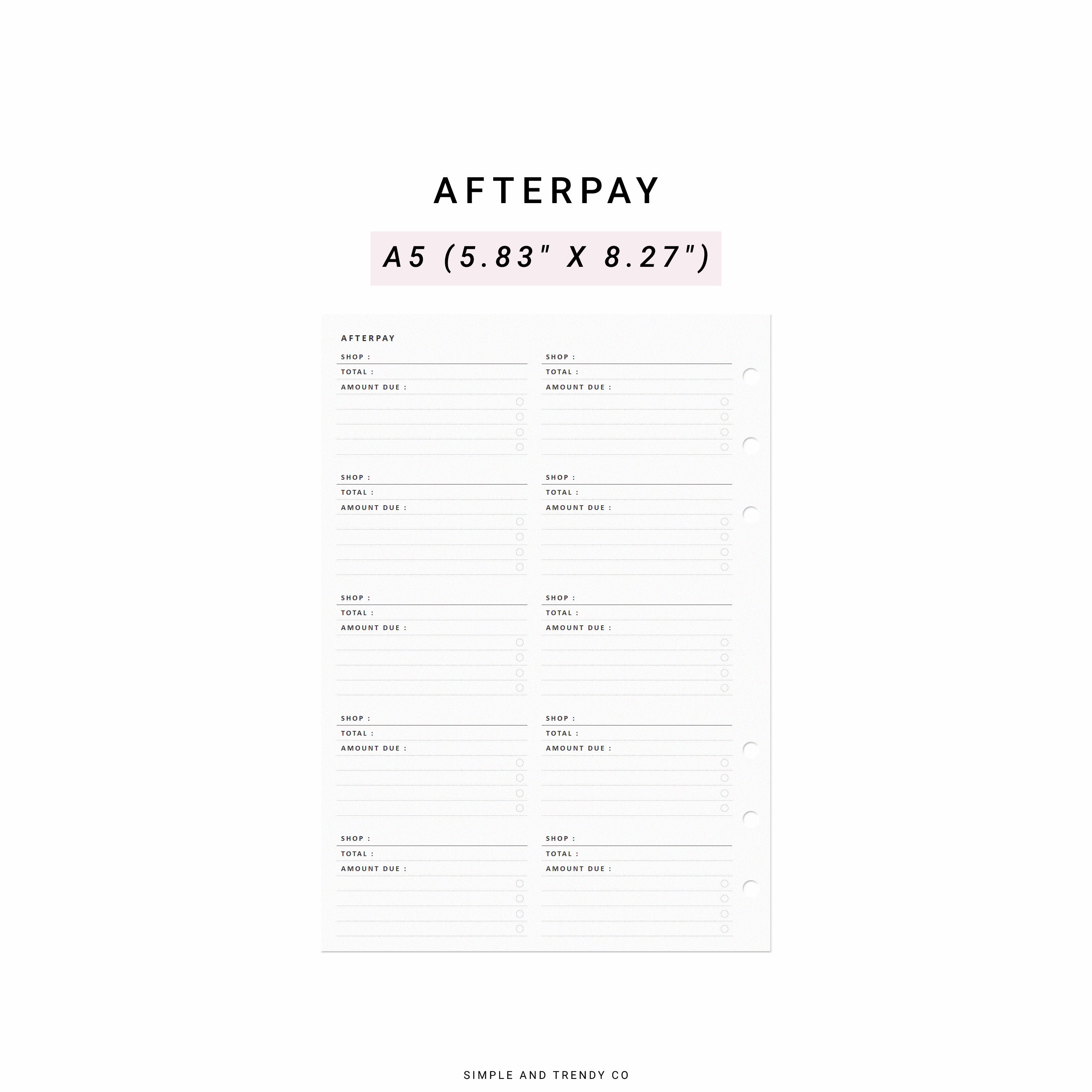 Afterpay Tracker A5 Planner Inserts Printable Afterpay 