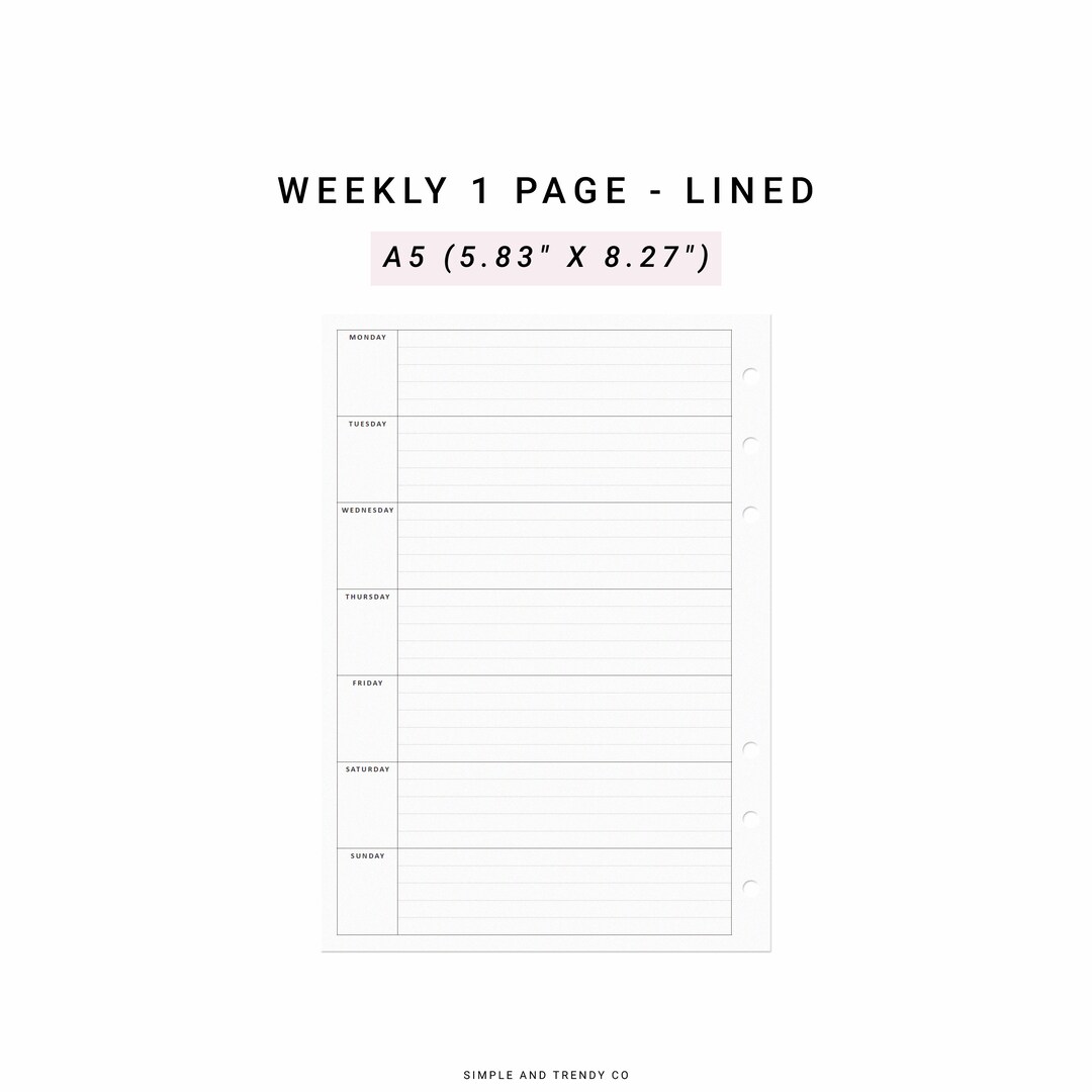 Weekly on One Page Weekly Planner Pages Printable A5 Planner - Etsy