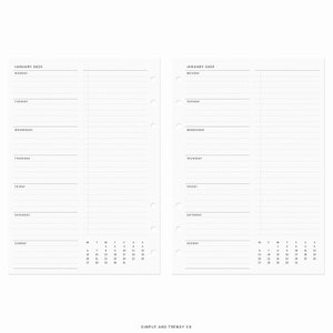 May include: A blank weekly planner with a calendar for January 2025. The planner has a simple design with black text on a white background.