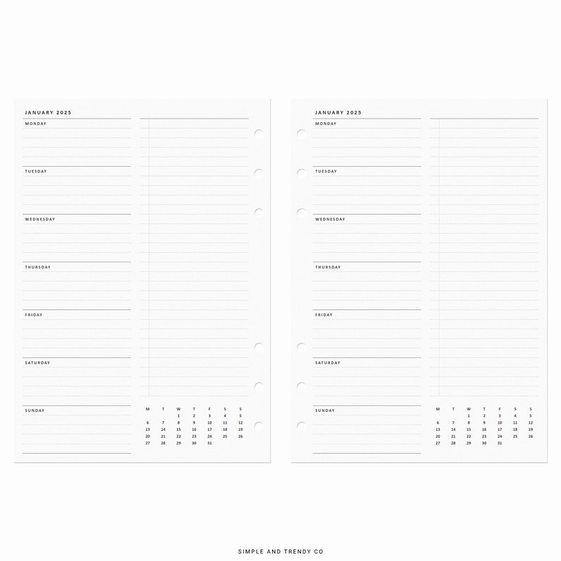 May include: A blank weekly planner with a calendar for January 2025. The planner has a simple design with black text on a white background.