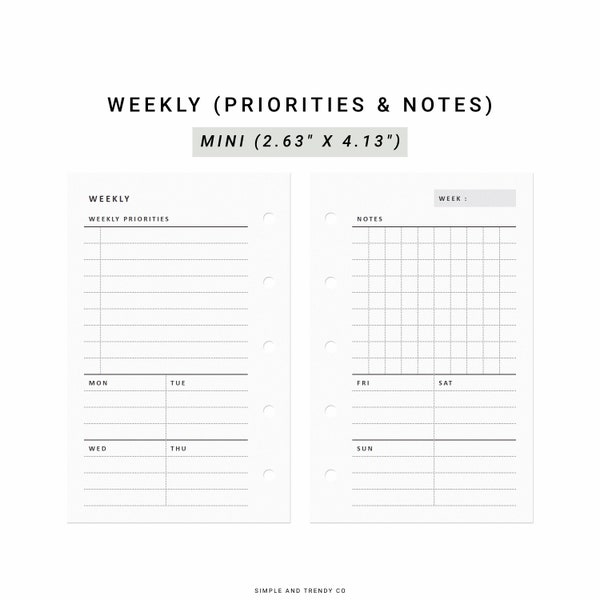 Weekly Planner Mini size Filofax Mini, Weekly Agenda WO2P, Printable Weekly, Undated Weekly Layout