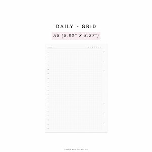 May include: A white A5 daily grid planner insert measuring 5.83 inches by 8.27 inches. The page features a grid layout, a time schedule from 6 to 12, days of the week initials, and six circular punch holes along the right side for binding.