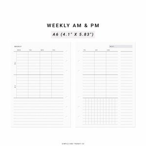 Weekly Planner A6 Inserts, Weekly Agenda WO2P, Printable Weekly, Undated Weekly Layout