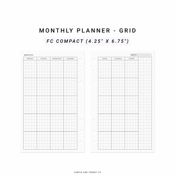 Monthly Planner Printable Minimalist Planner FC Compact, Undated Month on Two Pages Monday Sunday Start, Month at a glance