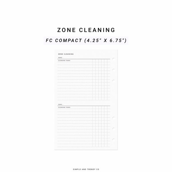 Zone Cleaning FC Compact, Cleaning Zones Printable, Insert for Cleaning Routine, Track Chores Routine, Cleaning Agenda Plan