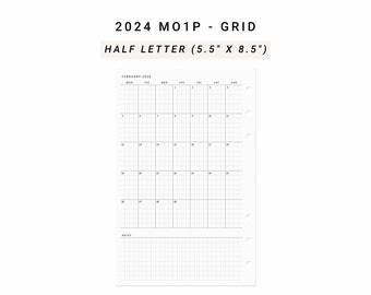 2024 Month on One Page MO1P, Half size Half Letter Inserts, Minimalist Monthly Planner Printable, At A Glance Monthly Layout