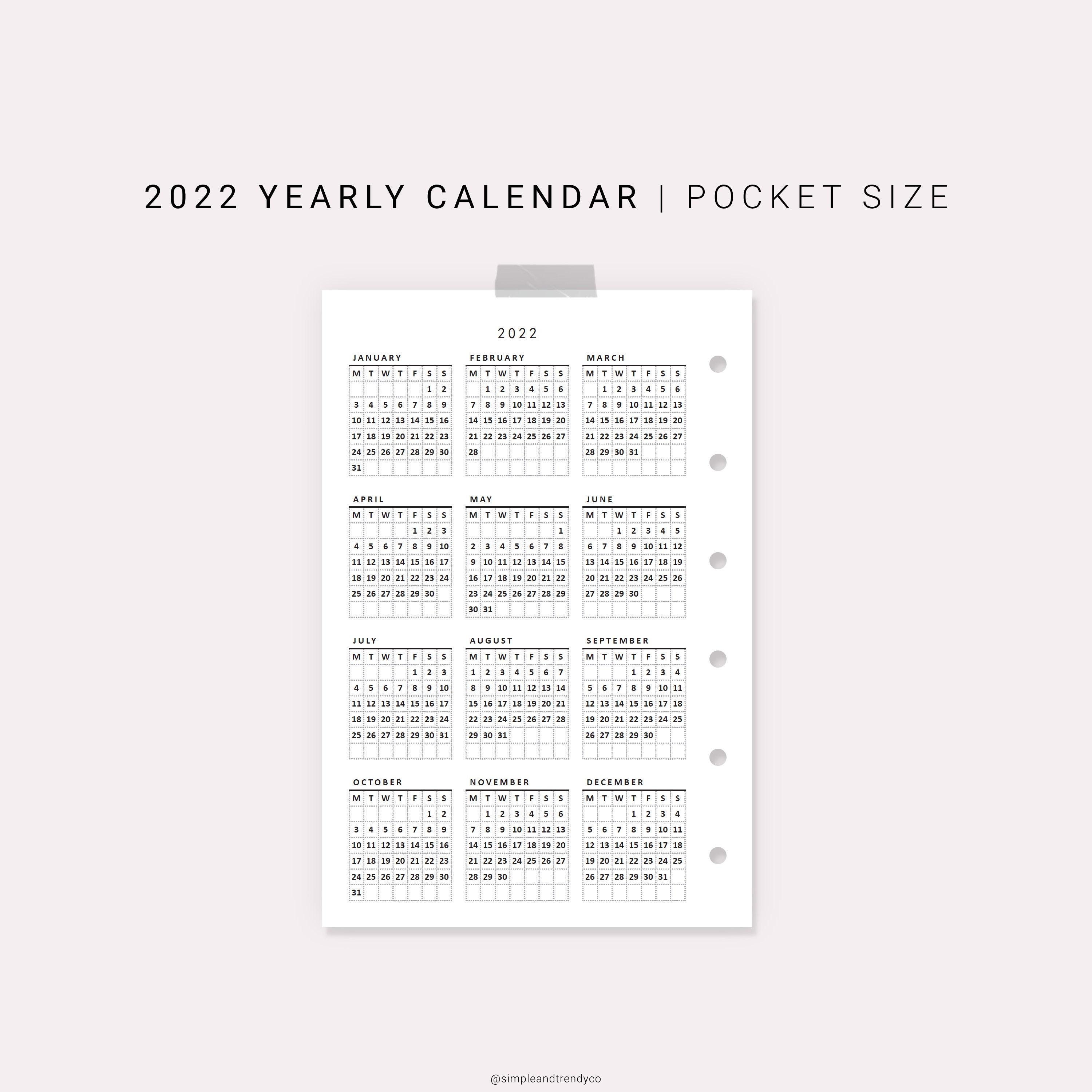 Pocket Size Calendar Printable 2022 Calendar Sunday Monday | Etsy
