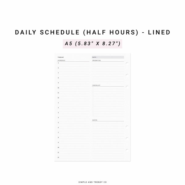 Daily Planner Printable A5 Planner Inserts, Daily Planners and Organizers, Daily Agenda Printable, Daily Schedule Filofax A5 Refills