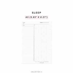 May include: A white A5 planner insert measuring 5.83 inches by 8.27 inches for tracking sleep. The page features a header labeled SLEEP, a month field, a goal section, a notes column, and a grid for 31 days with total hours from 1 to 12.