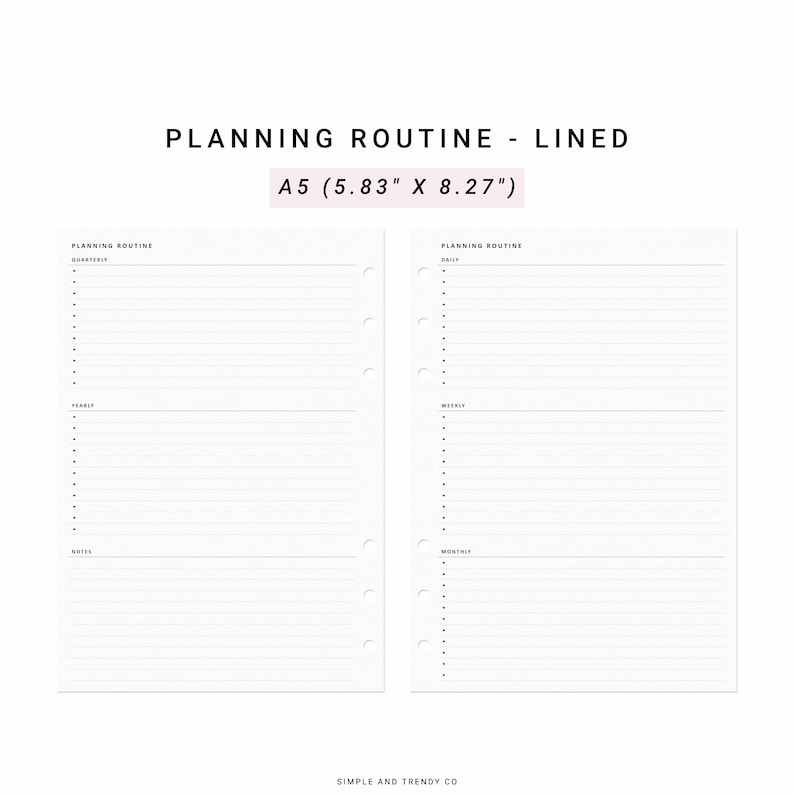 May include: Two white A5 (5.83" x 8.27") planner pages with black text and lines. The left page features sections for Quarterly, Yearly, and Notes. The right page features sections for Daily, Weekly, and Monthly. Both pages have punch holes.