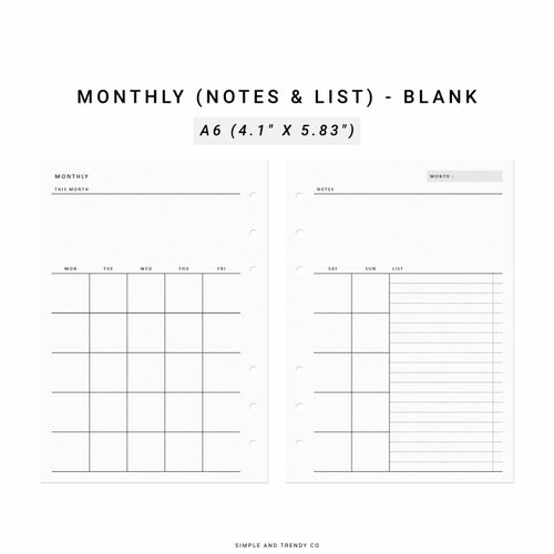 Monthly Planner A6 Inserts Printable Monthly Notes Monthly - Etsy