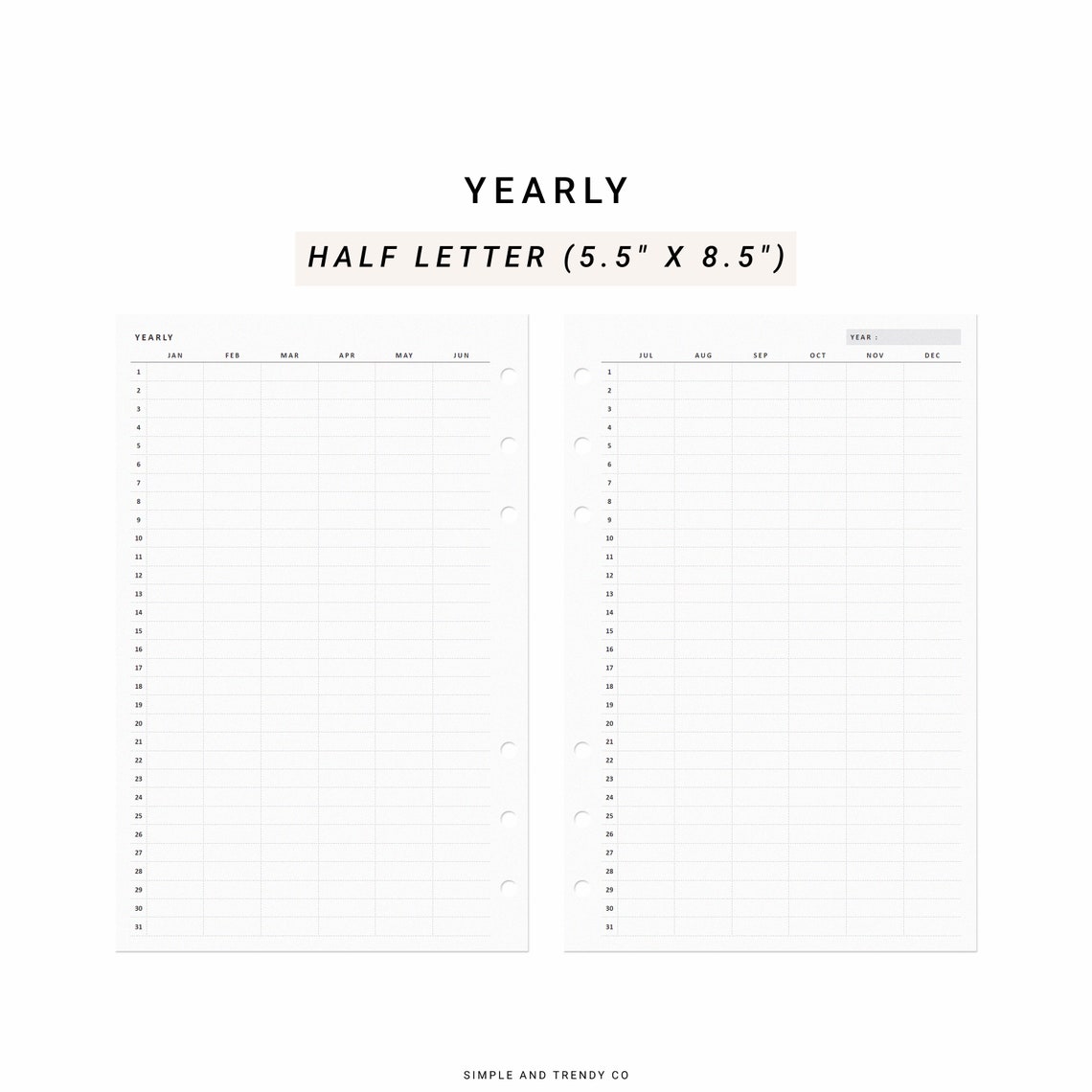 Yearly Vertical Planner 2 Page Half Size Half Letter Inserts - Etsy