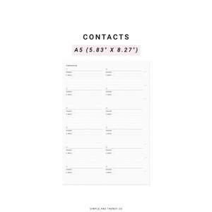 May include: A printable contacts page for a personal planner or notebook. The page is designed for A5 size paper, which is 5.83 inches by 8.27 inches. The page has two columns with space for names, phone numbers, and email addresses.