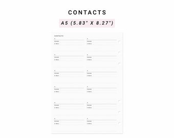 Printable Contacts List A5 Planner Inserts, Emergency Contacts, Contact Information Sheet, Contact Number Template, Important Contacts