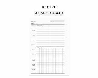 Recipe A6 Inserts, Recipe Planner Printable, Recipe Template, Kitchen Cookbook