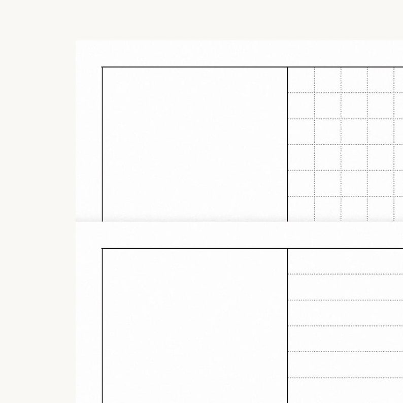 Peut inclure: Une page de planificateur en papier blanc comportant deux sections distinctes. La section sup&eacute;rieure contient une grande zone rectangulaire vierge &agrave; c&ocirc;t&eacute; d'un quadrillage. La section inf&eacute;rieure affiche une grande zone rectangulaire vierge &agrave; c&ocirc;t&eacute; de lignes horizontales.