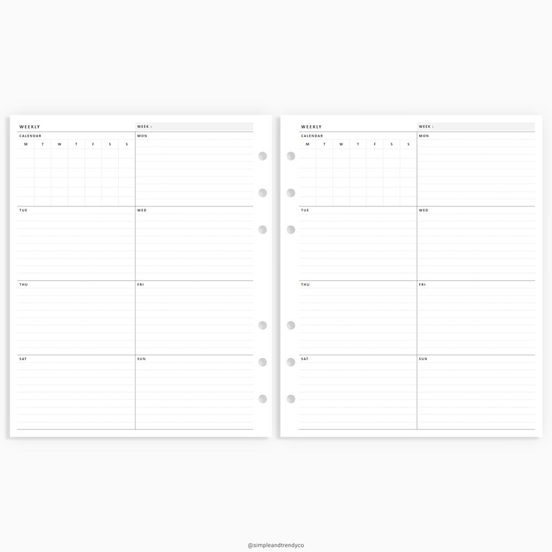 Week on One Page Printable A5 Wide Weekly 1 Page Vertical | Etsy