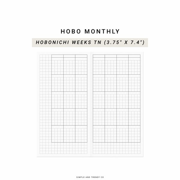 Hobonichi Monthly Planner Template Hobonichi Weeks TN, Undated Planner Monthly Printable, Month on two pages, Month at a glance