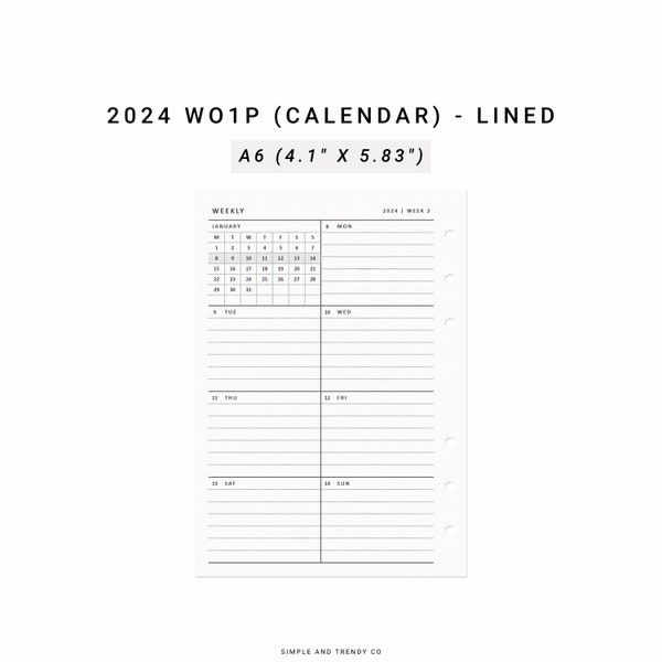 2024 Week on One Page Printable A6 Inserts, Weekly 1 Page Vertical Weekly, Weekly Planner Pages