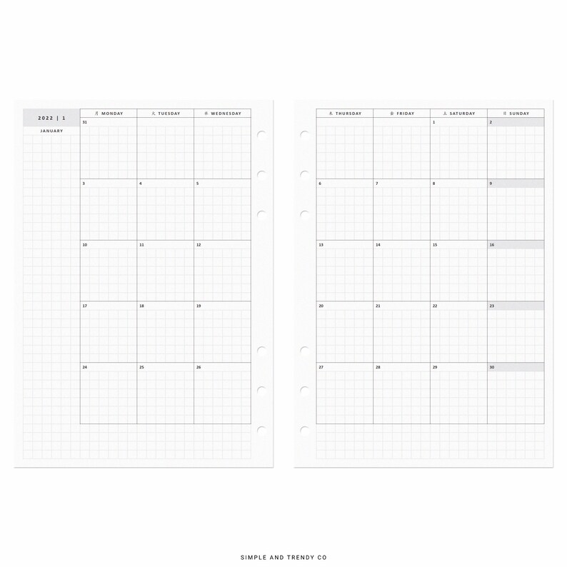 2022 Monthly Planner A5 Planner Inserts Hobonichi Month on Etsy