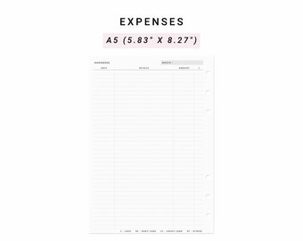 May include: A white A5 planner insert measuring 5.83 inches by 8.27 inches for tracking expenses. The page features columns for date, details, and amount, with a header for month and a legend at the bottom for cash, debit, credit, and other.